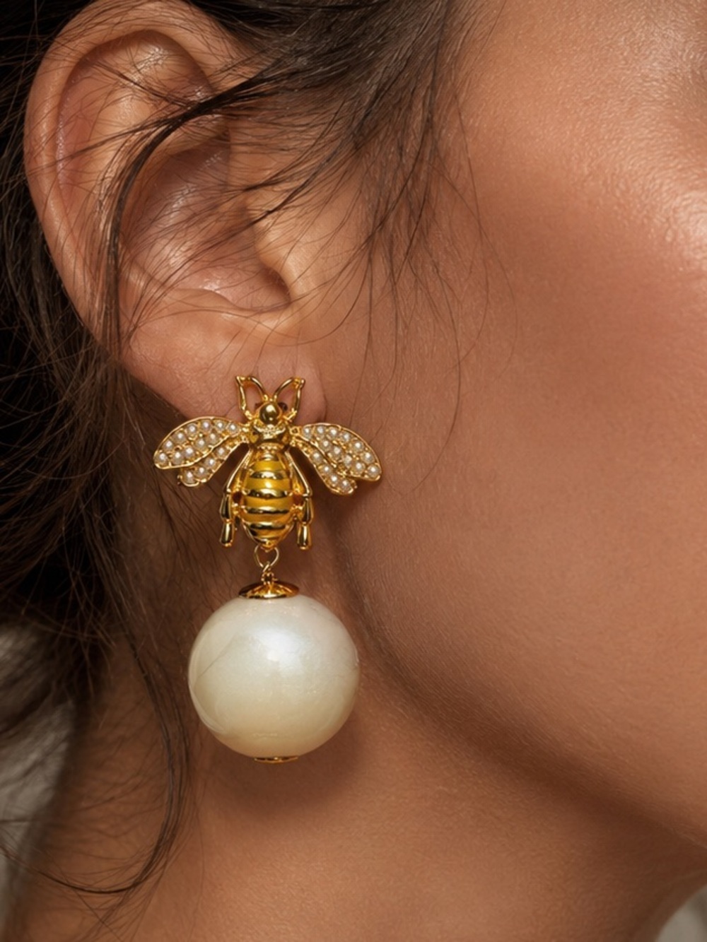 Gold Bee Pearl Drop Earrings Vintage Style